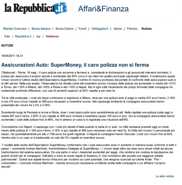 La repubblica | Supermoney.eu - Assicurazione auto confronto - Rassegna stampa